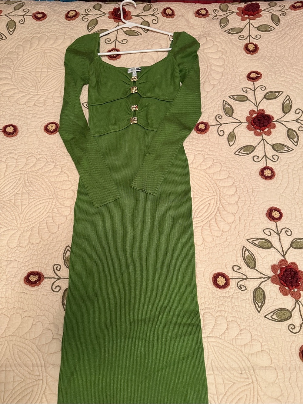 Fashion Nova Olive Green Long Sleeve Ribbed Maxi Dress with Decorative Clasps